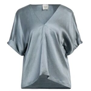 Alysi Satin Top Blouse Cuff Sleeve Woman 6 Blue Career Office Flowy Whimsy Boho‎